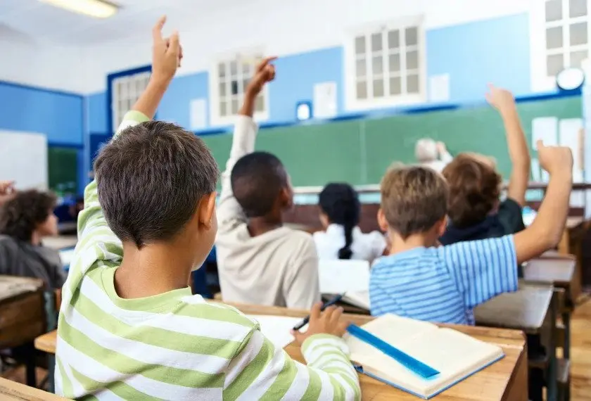 Engaged students raising hands in classroom